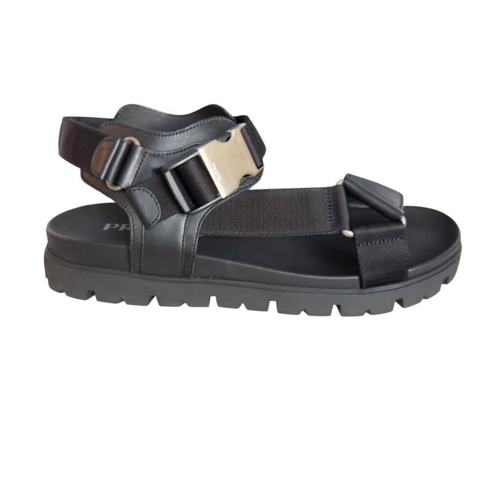 Prada Nastro Black Canvas‎ and Leather Tape Men's Sandal, 10.5 - - 2x3055